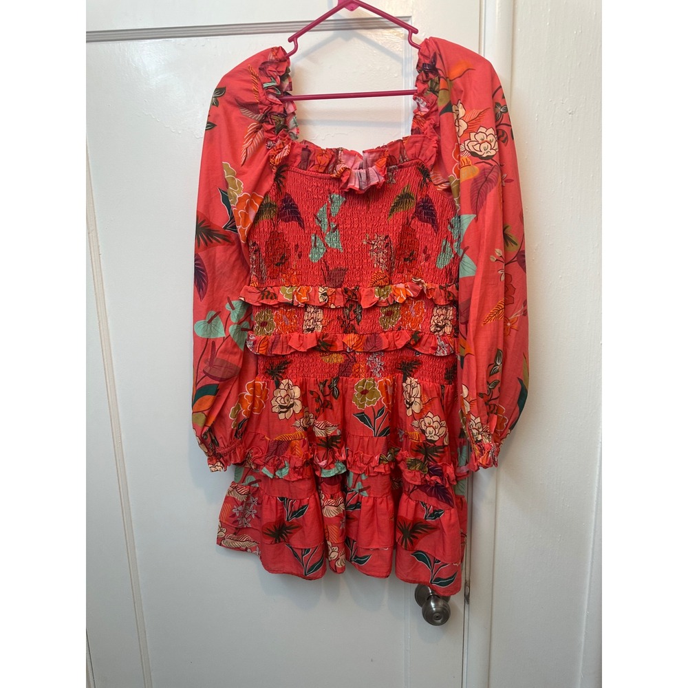 Farm Rio for Anthropologie Pink Floral Smocked‎ Ruffle Mini Dress Small NWT